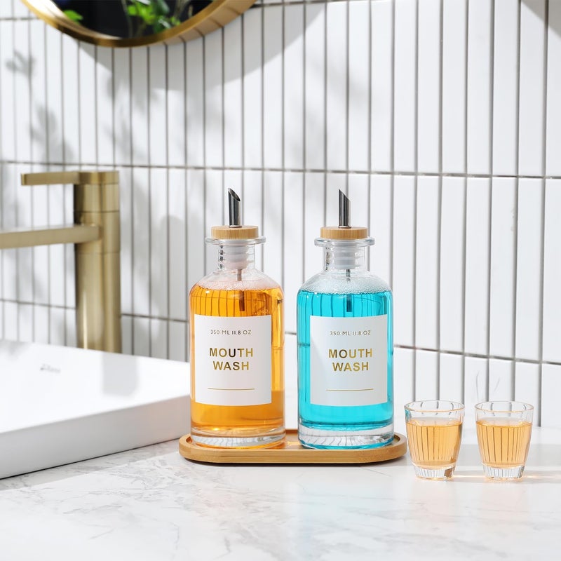 BONLONG 11.8OZ Glass Mouthwash Dispenser for Bathroom with Stainless Steel & Bamboo Nozzle, Mouthwash Cup Reusable, Bamboo Tray, and Elegant Gold Sticker.Set of 2（Clear - Image 2